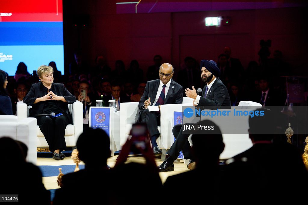 BANGKOK, THAILAND, OCTOBER 12, 2026: World Bank Group President, Ajay Banga (R), speaks as International Monetary Fund Managing Director, Kristalina Georgieva (L), and Singapore President, Tharman Shanmugaratnam (C), take part during “Small AI: More and Better Jobs” at the 2026 Annual Meetings of the International Monetary Fund and the World Bank Group in Bangkok. The session explores how affordable and accessible artificial intelligence can improve productivity and create jobs. Photo by Watsawat Koktabtim / JNA Press. (Photo by Watsawat "James" Koktabtim/JNA Press via Nexpher Images)