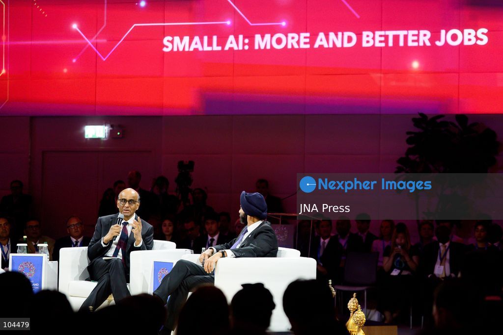 BANGKOK, THAILAND, OCTOBER 12, 2026: Singapore President, Tharman Shanmugaratnam (L) speaks as World Bank Group President, Ajay Banga (R) takes part in “Small AI: More and Better Jobs” during the 2026 Annual Meetings of the International Monetary Fund and the World Bank Group in Bangkok. The session explores how affordable and accessible artificial intelligence can improve productivity and create jobs. Photo by Watsawat Koktabtim / JNA Press. (Photo by Watsawat "James" Koktabtim/JNA Press via Nexpher Images)