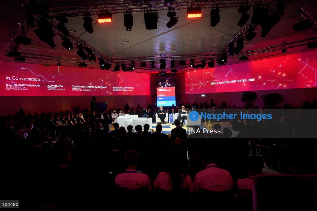 BANGKOK, THAILAND, OCTOBER 12, 2026: International Monetary Fund Managing Director, Kristalina Georgieva (L), Singapore President, Tharman Shanmugaratnam (C), and World Bank Group President, Ajay Banga (R) on the stage of “Small AI: More and Better Jobs” at the 2026 Annual Meetings of the International Monetary Fund and the World Bank Group in Bangkok. The session explores how affordable and accessible artificial intelligence can improve productivity and create jobs. Photo by Watsawat Koktabtim / JNA Press. (Photo by Watsawat "James" Koktabtim/JNA Press via Nexpher Images)