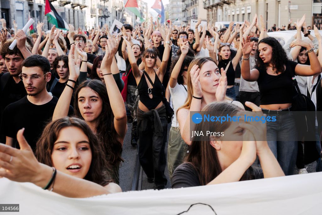 TURIN, ITALY, OCTOBER 10, 2026: Young women march alongside thousands of people through the streets of Turin during the demonstration in support of Palestine, chanting slogans against Israeli government policies in Gaza and the West Bank. Photo by Luca Prestia / JNA Press (Photo by Luca Prestia/JNA Press via Nexpher Images)