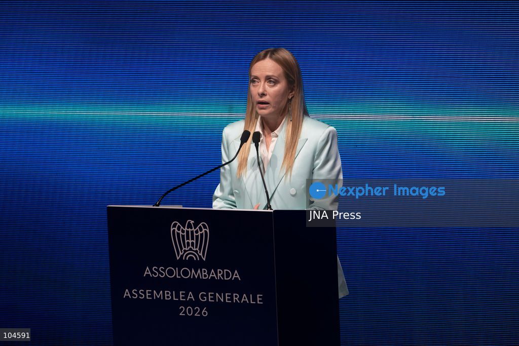 MILAN, ITALY, OCTOBER 12, 2026: Italian Prime Minister Giorgia Meloni addresses an audience of Lombard entrepreneurs during the Assolombarda general assembly at the Teatro Dal Verme in Milan, focusing on industrial competitiveness, energy costs, and economic growth strategies. Photo by Calogero Russo / JNA Press (Photo by calogero russo/JNA Press via Nexpher Images)