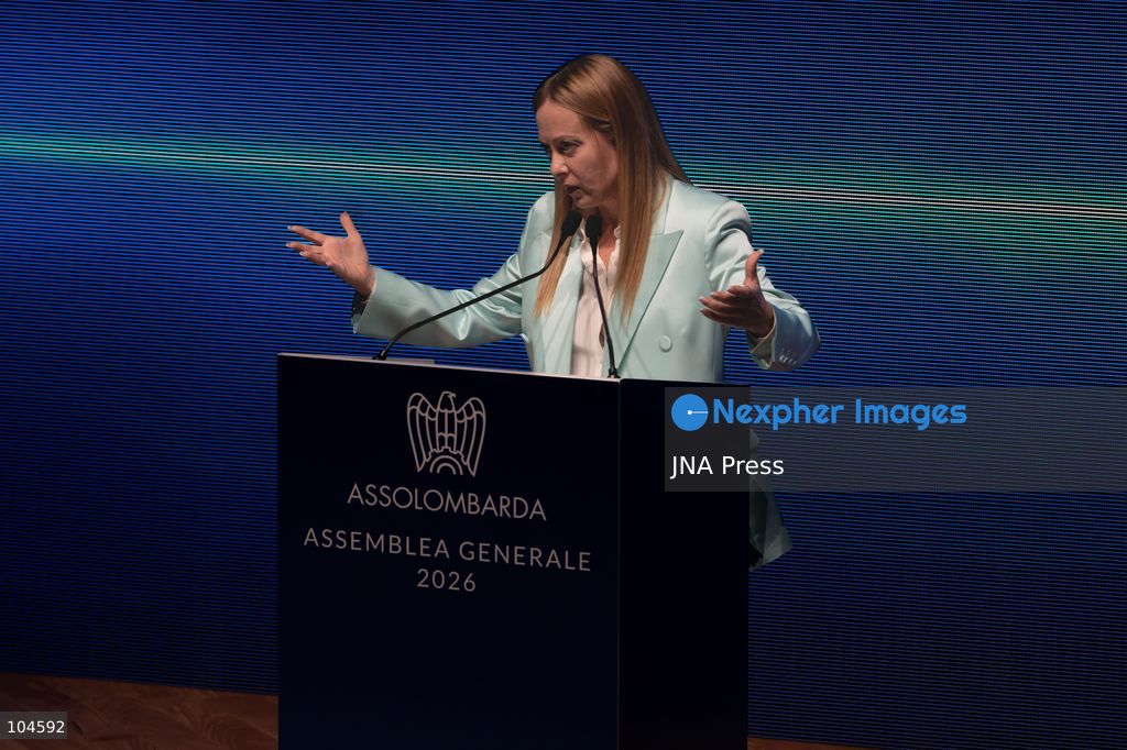 MILAN, ITALY, OCTOBER 12, 2026: Italian Prime Minister Giorgia Meloni addresses an audience of Lombard entrepreneurs during the Assolombarda general assembly at the Teatro Dal Verme in Milan, focusing on industrial competitiveness, energy costs, and economic growth strategies. Photo by Calogero Russo / JNA Press (Photo by calogero russo/JNA Press via Nexpher Images)