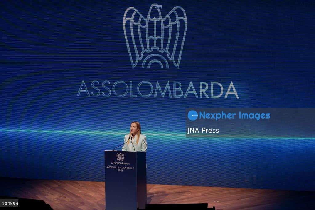 MILAN, ITALY, OCTOBER 12, 2026: Italian Prime Minister Giorgia Meloni addresses an audience of Lombard entrepreneurs during the Assolombarda general assembly at the Teatro Dal Verme in Milan, focusing on industrial competitiveness, energy costs, and economic growth strategies. Photo by Calogero Russo / JNA Press (Photo by calogero russo/JNA Press via Nexpher Images)
