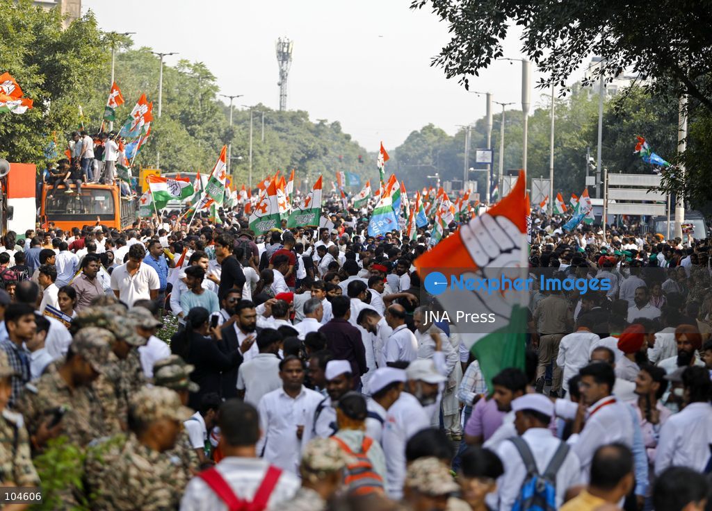 NEW DELHI, INDIA, OCTOBER 12, 2026: Congress leader Rahul Gandhi takes part in a protest march from Barakhamba Road towards the Supreme Court in New Delhi, demanding the resignation of India's Chief Election Commissioner Gyanesh Kumar over alleged irregularities in the Special Intensive Revision (SIR) of electoral rolls. The Election Commission denies wrongdoing. Photo by Vishal Kapoor / JNA Press. (Photo by Vishal Kapoor/JNA Press via Nexpher Images)