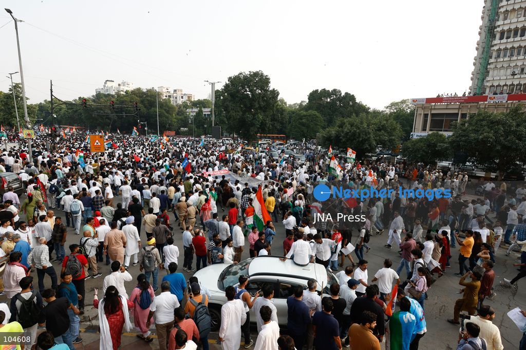 NEW DELHI, INDIA, OCTOBER 12, 2026: Congress leader Rahul Gandhi takes part in a protest march from Barakhamba Road towards the Supreme Court in New Delhi, demanding the resignation of India's Chief Election Commissioner Gyanesh Kumar over alleged irregularities in the Special Intensive Revision (SIR) of electoral rolls. The Election Commission denies wrongdoing. Photo by Vishal Kapoor / JNA Press. (Photo by Vishal Kapoor/JNA Press via Nexpher Images)