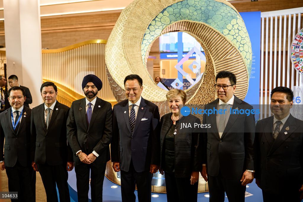 BANGKOK, THAILAND - OCTOBER 12, 2026: Thailand’s Prime Minister Anutin Charnvirakul (C) meets with International Monetary Fund Managing Director Kristalina Georgieva (Next to the Right) and World Bank Group President Ajay Banga (Next to the Left) during the 2026 Annual Meetings of the International Monetary Fund and the World Bank Group in Bangkok. Photo by Watsawat Koktabtim / JNA Press. (Photo by Watsawat "James" Koktabtim/JNA Press via Nexpher Images)