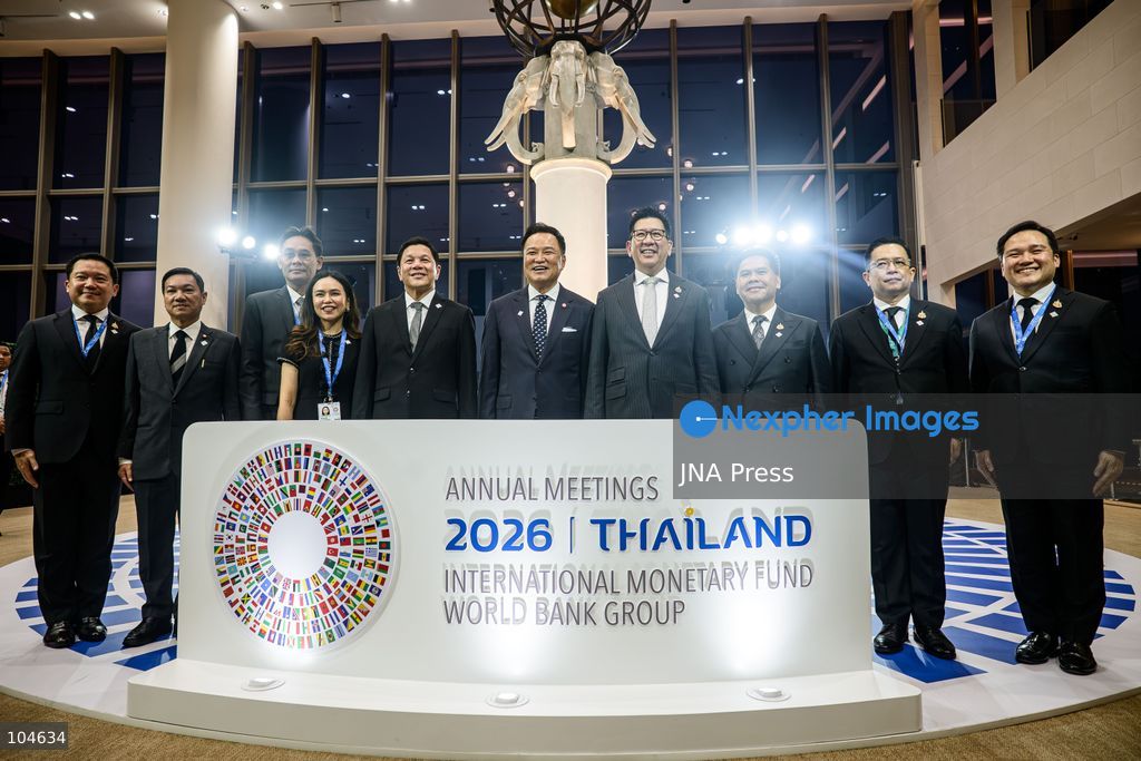 BANGKOK, THAILAND - OCTOBER 12, 2026: Thailand’s Prime Minister Anutin Charnvirakul (C), with Thailand's Minister of Finance Ekniti Nitithanprapas (Next to the Right), pose for group photo during the 2026 Annual Meetings of the International Monetary Fund and the World Bank Group in Bangkok. Photo by Watsawat Koktabtim / JNA Press. (Photo by Watsawat "James" Koktabtim/JNA Press via Nexpher Images)