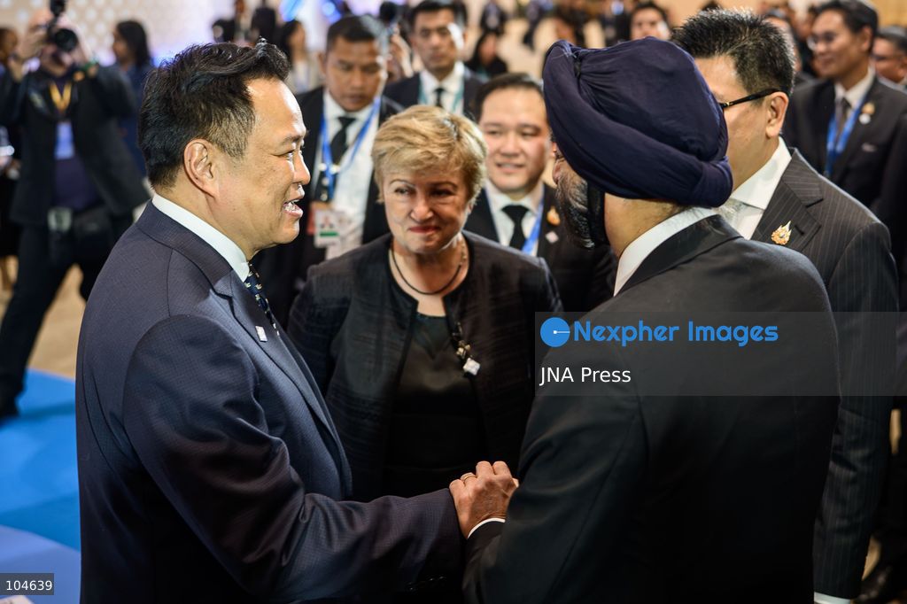 BANGKOK, THAILAND - OCTOBER 12, 2026: Thailand’s Prime Minister Anutin Charnvirakul (L) meets with International Monetary Fund Managing Director Kristalina Georgieva (C) and World Bank Group President Ajay Banga (R) during the 2026 Annual Meetings of the International Monetary Fund and the World Bank Group in Bangkok. Photo by Watsawat Koktabtim / JNA Press. (Photo by Watsawat "James" Koktabtim/JNA Press via Nexpher Images)