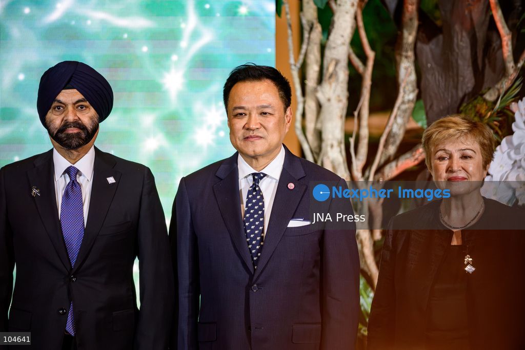 BANGKOK, THAILAND - OCTOBER 12, 2026: Thailand’s Prime Minister Anutin Charnvirakul (C) meets with International Monetary Fund Managing Director Kristalina Georgieva (R) and World Bank Group President Ajay Banga (L) during the 2026 Annual Meetings of the International Monetary Fund and the World Bank Group in Bangkok. Photo by Watsawat Koktabtim / JNA Press. (Photo by Watsawat "James" Koktabtim/JNA Press via Nexpher Images)