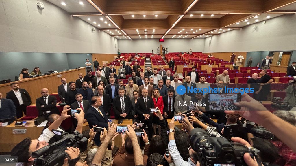 IZMIR, TURKIYE, OCTOBER 12, 2026: Council members gather at the Izmir Metropolitan Municipality council chamber in Kulturpark. The session is postponed until October 15 after a boycott by New Party and Republican People's Party (CHP) councillors leaves the council without a quorum. The boycott protests Mayor Cemil Tugay's move to the ruling Justice and Development Party (AKP). Photo by Turgay Kilic / JNA Press. (Photo by Turgay Kilic/JNA Press via Nexpher Images)