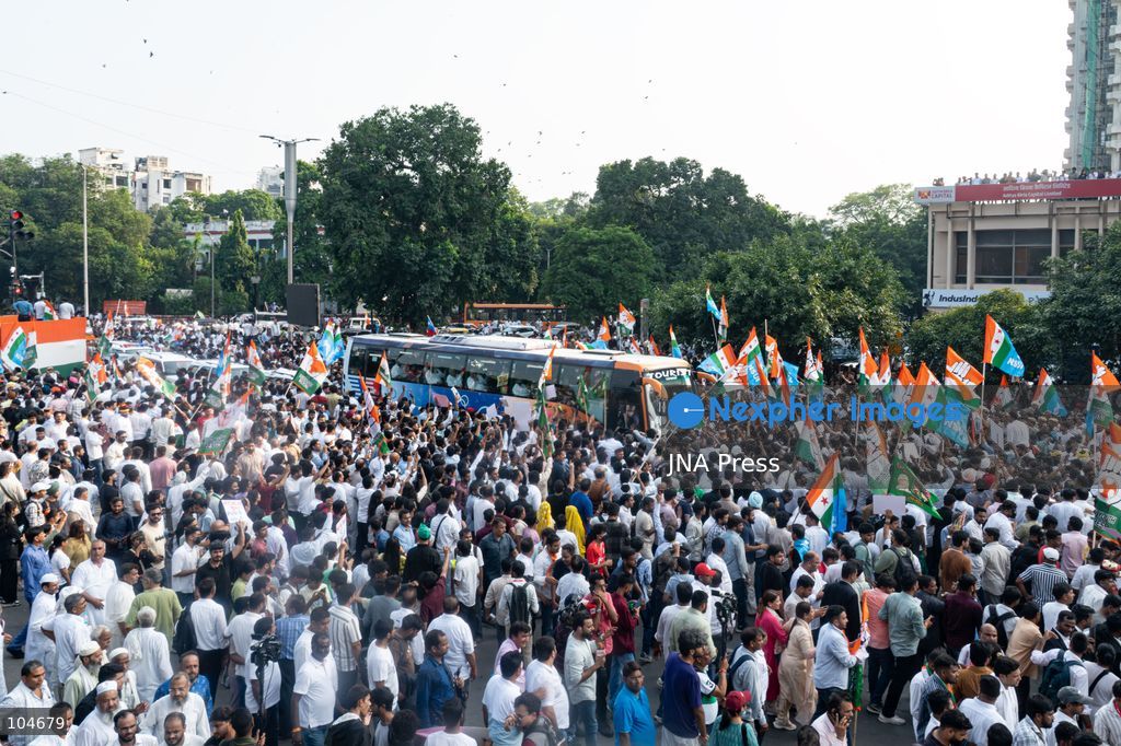 NEW DELHI, INDIA, OCTOBER 12, 2026: Congress leader Rahul Gandhi and INDIA bloc leaders march towards the Supreme Court in New Delhi, demanding the resignation of Chief Election Commissioner Gyanesh Kumar over alleged irregularities in the Special Intensive Revision (SIR) of electoral rolls. The march takes place amid heavy security deployment and barricades in central Delhi. The Election Commission denies wrongdoing. Photo by Yanni Rawat / JNA Press. (Photo by yanni rawat/JNA Press via Nexpher Images)