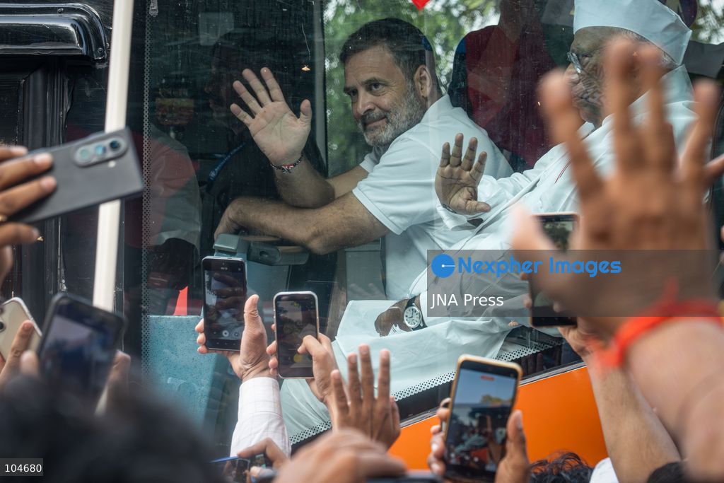 NEW DELHI, INDIA, OCTOBER 12, 2026: Congress leader Rahul Gandhi and INDIA bloc leaders march towards the Supreme Court in New Delhi, demanding the resignation of Chief Election Commissioner Gyanesh Kumar over alleged irregularities in the Special Intensive Revision (SIR) of electoral rolls. The march takes place amid heavy security deployment and barricades in central Delhi. The Election Commission denies wrongdoing. Photo by Yanni Rawat / JNA Press. (Photo by yanni rawat/JNA Press via Nexpher Images)