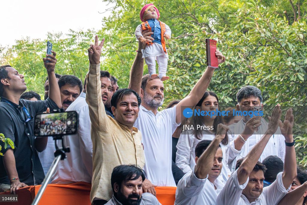 NEW DELHI, INDIA, OCTOBER 12, 2026: Congress leader Rahul Gandhi and INDIA bloc leaders march towards the Supreme Court in New Delhi, demanding the resignation of Chief Election Commissioner Gyanesh Kumar over alleged irregularities in the Special Intensive Revision (SIR) of electoral rolls. The march takes place amid heavy security deployment and barricades in central Delhi. The Election Commission denies wrongdoing. Photo by Yanni Rawat / JNA Press. (Photo by yanni rawat/JNA Press via Nexpher Images)