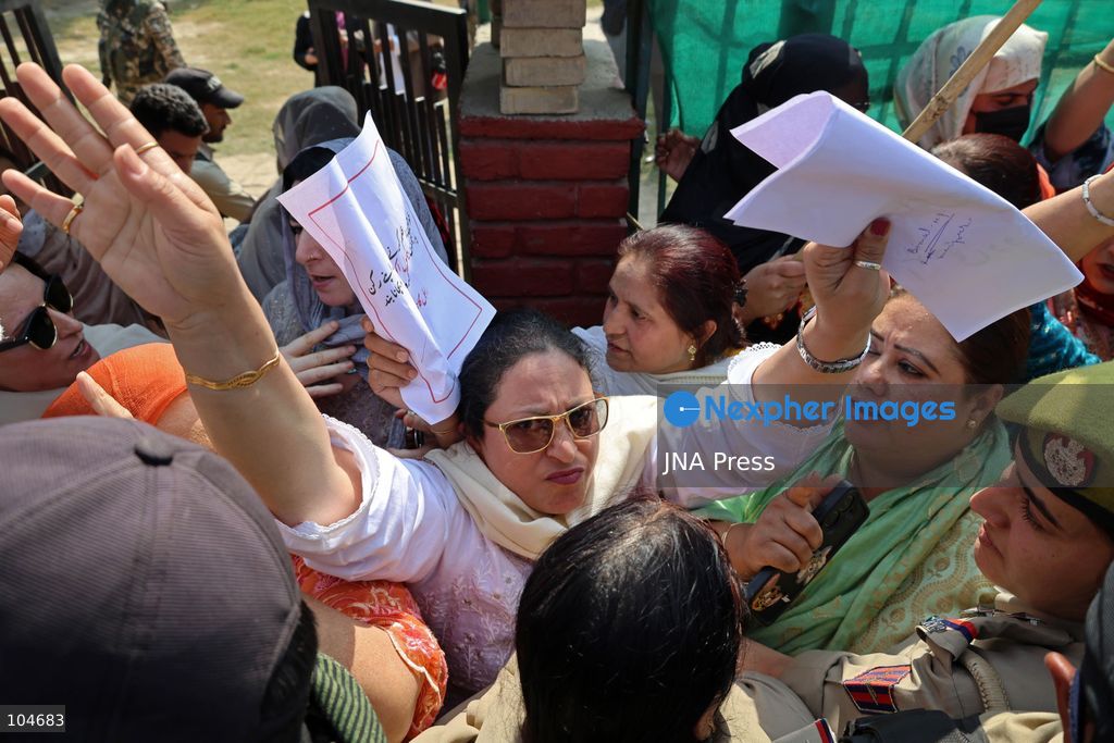 SRINAGAR, JAMMU AND KASHMIR, INDIA, OCTOBER 12, 2026: Bharatiya Janata Party (BJP) Mahila Morcha activists raise slogans during a protest in Srinagar, demanding action against Congress MP and former Jawaharlal Nehru University (JNU) professor Angomcha Bimol Akoijam over sexual harassment allegations. Protesters accuse Congress leader Rahul Gandhi of shielding Akoijam, who was dismissed from JNU on October 9 following an internal inquiry. Akoijam denies the allegations. Photo by Danish Showkat / JNA Press. (Photo by Danish Showkat/JNA Press via Nexpher Images)