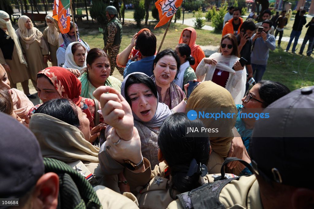 SRINAGAR, JAMMU AND KASHMIR, INDIA, OCTOBER 12, 2026: Bharatiya Janata Party (BJP) Mahila Morcha activists raise slogans during a protest in Srinagar, demanding action against Congress MP and former Jawaharlal Nehru University (JNU) professor Angomcha Bimol Akoijam over sexual harassment allegations. Protesters accuse Congress leader Rahul Gandhi of shielding Akoijam, who was dismissed from JNU on October 9 following an internal inquiry. Akoijam denies the allegations. Photo by Danish Showkat / JNA Press. (Photo by Danish Showkat/JNA Press via Nexpher Images)