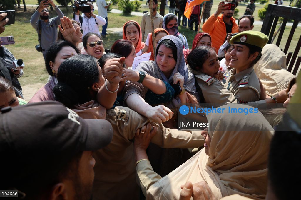 SRINAGAR, JAMMU AND KASHMIR, INDIA, OCTOBER 12, 2026: Bharatiya Janata Party (BJP) Mahila Morcha activists raise slogans during a protest in Srinagar, demanding action against Congress MP and former Jawaharlal Nehru University (JNU) professor Angomcha Bimol Akoijam over sexual harassment allegations. Protesters accuse Congress leader Rahul Gandhi of shielding Akoijam, who was dismissed from JNU on October 9 following an internal inquiry. Akoijam denies the allegations. Photo by Danish Showkat / JNA Press. (Photo by Danish Showkat/JNA Press via Nexpher Images)