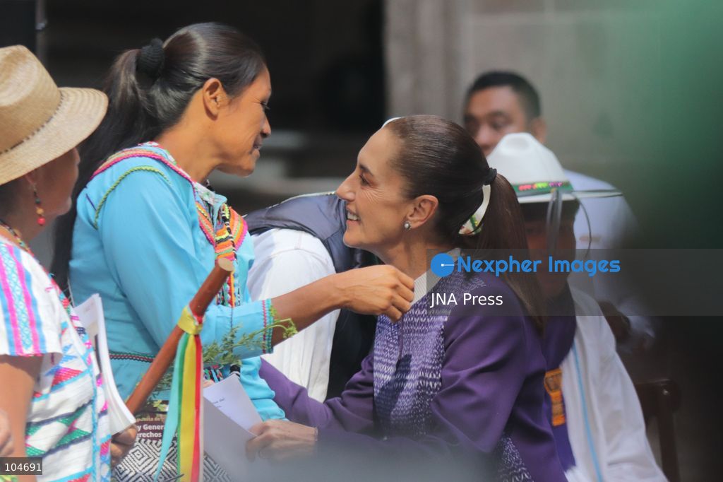 MEXICO CITY, MEXICO, OCTOBER 12, 2026: Mexican President Claudia Sheinbaum meets representatives of Indigenous and Afro-Mexican peoples and communities at the National Palace in Mexico City during commemorations marking October 12. The event includes discussions on their rights and a consultation on proposed legislation concerning Indigenous and Afro-Mexican peoples. Photo by Carlos Santiago / JNA Press. (Photo by Carlos Santiago/JNA Press via Nexpher Images)
