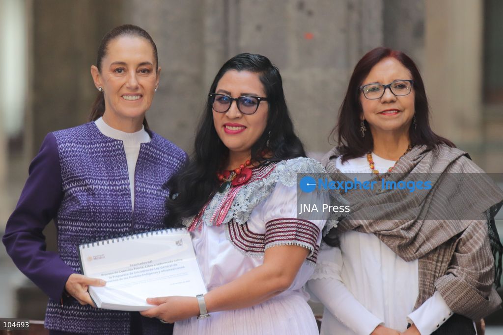 MEXICO CITY, MEXICO, OCTOBER 12, 2026: Mexican President Claudia Sheinbaum meets representatives of Indigenous and Afro-Mexican peoples and communities at the National Palace in Mexico City during commemorations marking October 12. The event includes discussions on their rights and a consultation on proposed legislation concerning Indigenous and Afro-Mexican peoples. Photo by Carlos Santiago / JNA Press. (Photo by Carlos Santiago/JNA Press via Nexpher Images)
