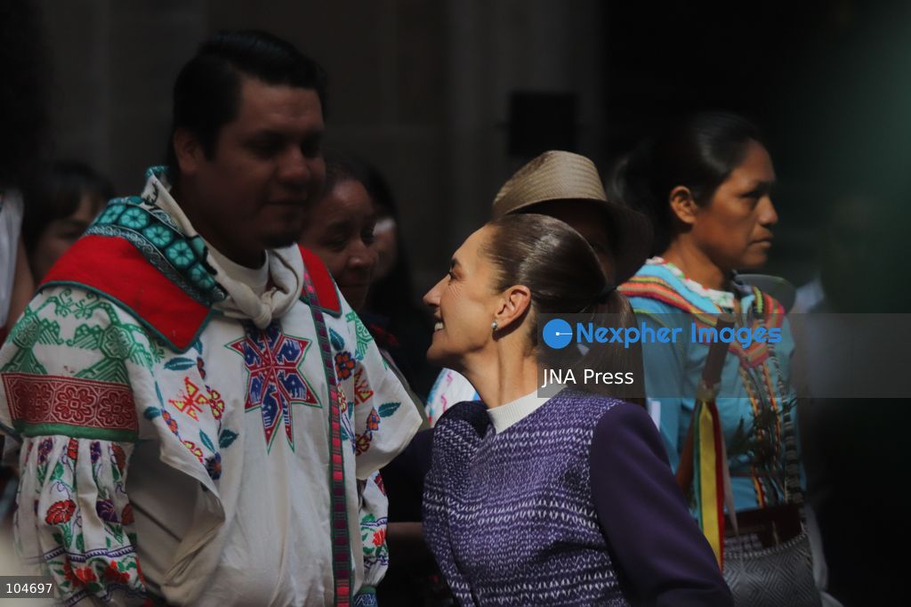 MEXICO CITY, MEXICO, OCTOBER 12, 2026: Mexican President Claudia Sheinbaum meets representatives of Indigenous and Afro-Mexican peoples and communities at the National Palace in Mexico City during commemorations marking October 12. The event includes discussions on their rights and a consultation on proposed legislation concerning Indigenous and Afro-Mexican peoples. Photo by Carlos Santiago / JNA Press. (Photo by Carlos Santiago/JNA Press via Nexpher Images)