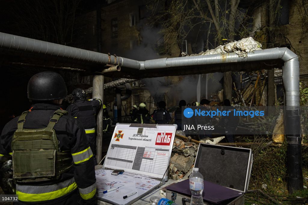 KHARKIV, UKRAINE, OCTOBER 12, 2026: Emergency workers conduct rescue operations at a residential building damaged in a Russian strike in Kharkiv's Kholodnohirskyi district. A firefighter was injured by falling concrete debris while clearing the rubble and was evacuated on a stretcher. Photo by Andrew Cling/ JNA Press. (Photo by Andrew Cling/JNA Press via Nexpher Images)