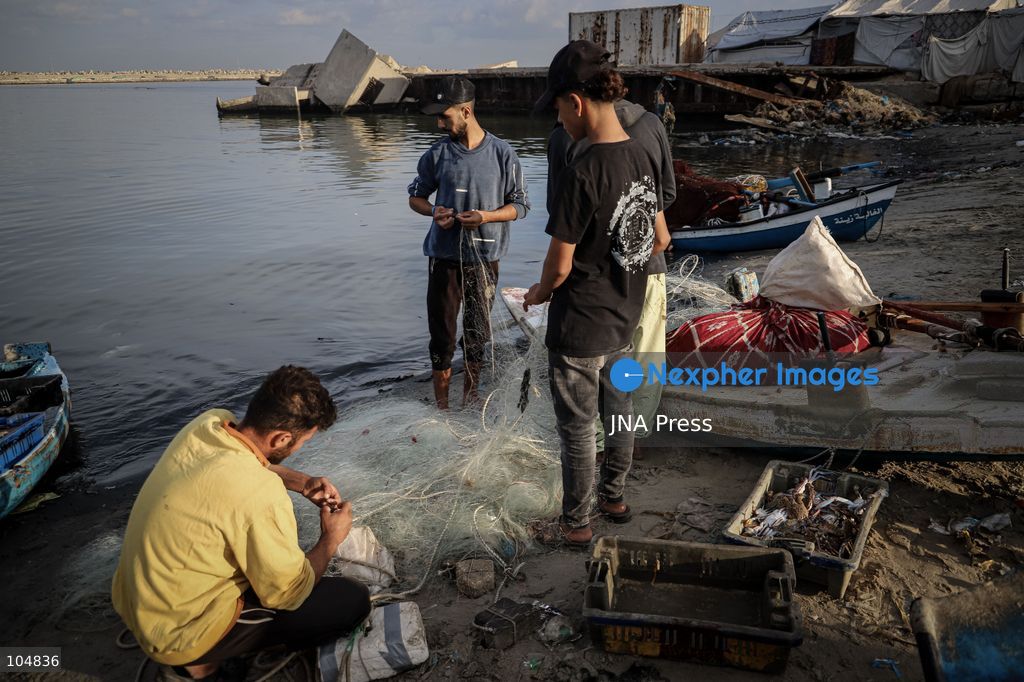 GAZA, PALESTINE, OCTOBER 13, 2026: Palestinian fishermen remove crabs from their fishing nets at Gaza City's seaport as they work to earn their daily livelihood. Photo by Mohammed M. Skaik / JNA Press (Photo by Mohammed M Skaik/JNA Press via Nexpher Images)