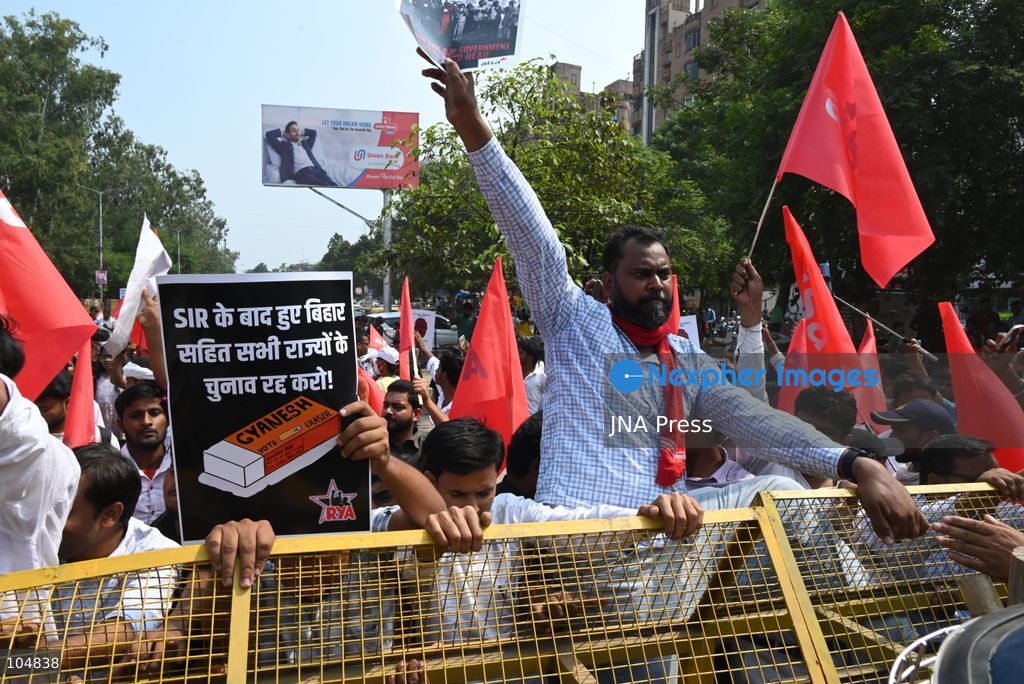 PATNA, INDIA, OCTOBER 13, 2026: Police detain students of the All India Students’ Association (AISA), who took out a protest march toward Lok Bhavan, formerly Raj Bhavan, at JP roundabout in Patna, demanding the resignation of Chief Election Commissioner Gyanesh Kumar and the cancellation or review of the Special Intensive Revision (SIR) of electoral rolls. Photo by Rahul Sharma / JNA Press (Photo by Rahul Sharma/JNA Press via Nexpher Images)