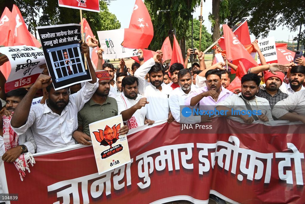 PATNA, INDIA, OCTOBER 13, 2026: Police detain students of the All India Students’ Association (AISA), who took out a protest march toward Lok Bhavan, formerly Raj Bhavan, at JP roundabout in Patna, demanding the resignation of Chief Election Commissioner Gyanesh Kumar and the cancellation or review of the Special Intensive Revision (SIR) of electoral rolls. Photo by Rahul Sharma / JNA Press (Photo by Rahul Sharma/JNA Press via Nexpher Images)