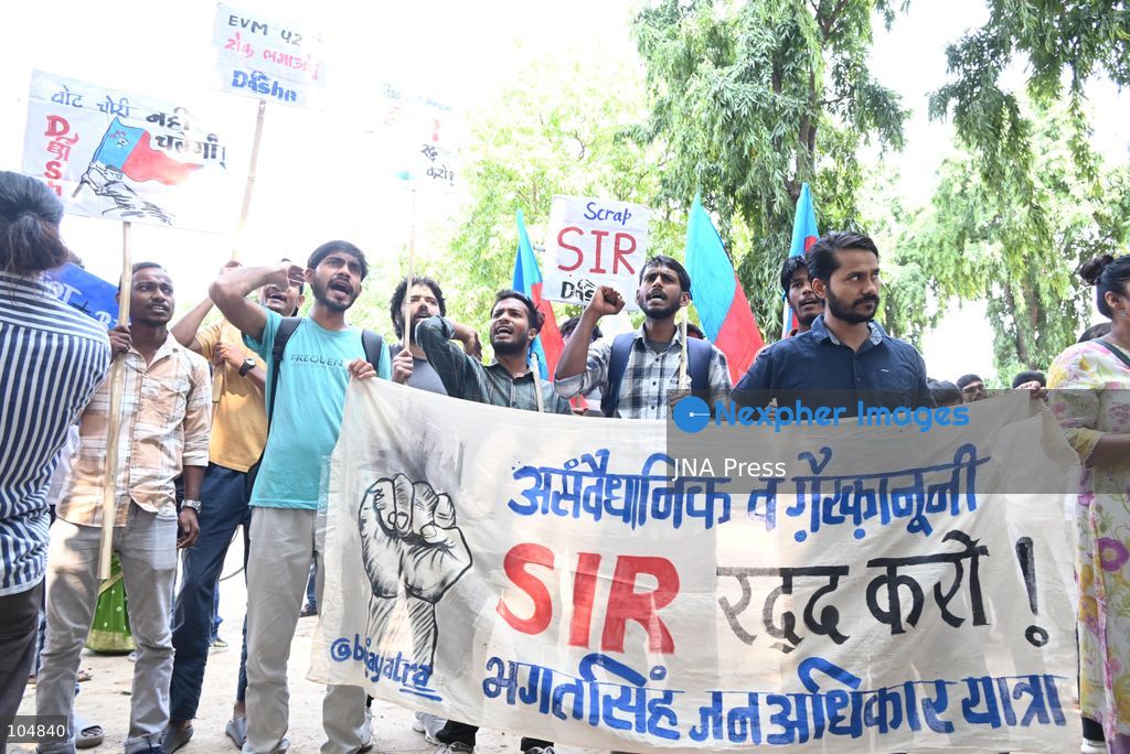 PATNA, INDIA, OCTOBER 13, 2026: Police detain students of the All India Students’ Association (AISA), who took out a protest march toward Lok Bhavan, formerly Raj Bhavan, at JP roundabout in Patna, demanding the resignation of Chief Election Commissioner Gyanesh Kumar and the cancellation or review of the Special Intensive Revision (SIR) of electoral rolls. Photo by Rahul Sharma / JNA Press (Photo by Rahul Sharma/JNA Press via Nexpher Images)