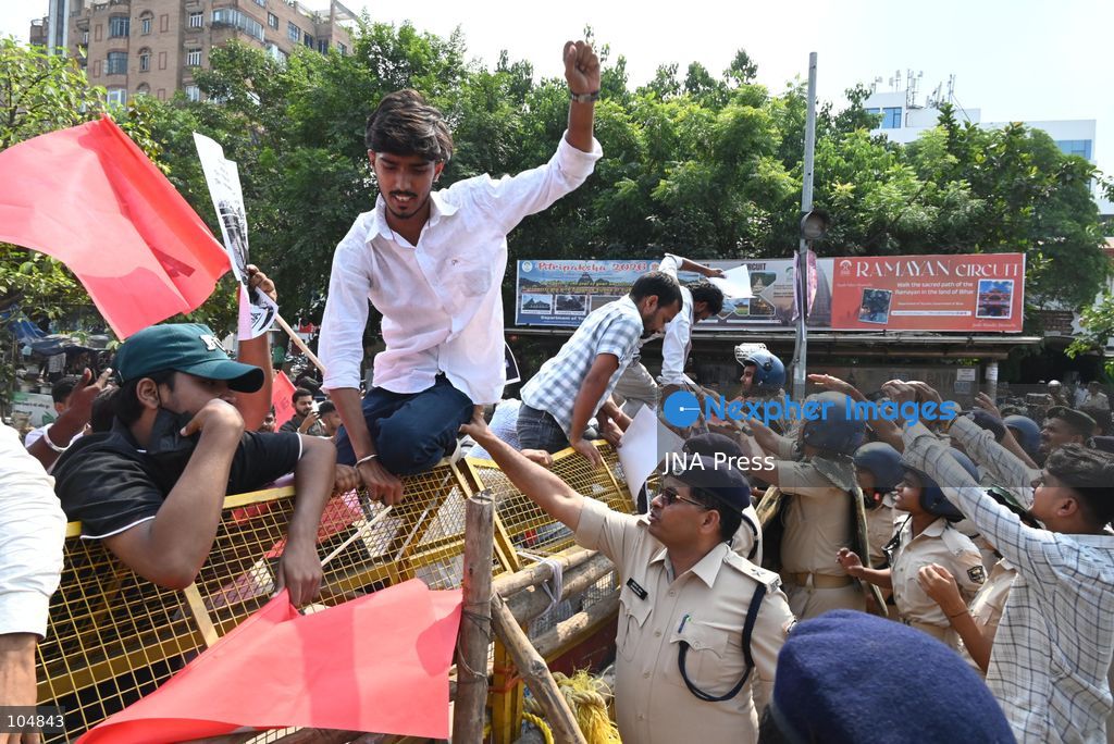PATNA, INDIA, OCTOBER 13, 2026: Police detain students of the All India Students’ Association (AISA), who took out a protest march toward Lok Bhavan, formerly Raj Bhavan, at JP roundabout in Patna, demanding the resignation of Chief Election Commissioner Gyanesh Kumar and the cancellation or review of the Special Intensive Revision (SIR) of electoral rolls. Photo by Rahul Sharma / JNA Press (Photo by Rahul Sharma/JNA Press via Nexpher Images)