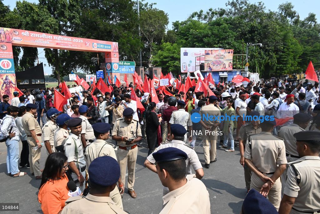 PATNA, INDIA, OCTOBER 13, 2026: Police detain students of the All India Students’ Association (AISA), who took out a protest march toward Lok Bhavan, formerly Raj Bhavan, at JP roundabout in Patna, demanding the resignation of Chief Election Commissioner Gyanesh Kumar and the cancellation or review of the Special Intensive Revision (SIR) of electoral rolls. Photo by Rahul Sharma / JNA Press (Photo by Rahul Sharma/JNA Press via Nexpher Images)