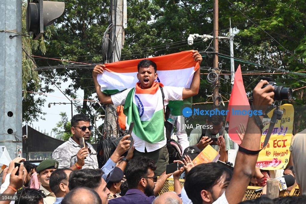 PATNA, INDIA, OCTOBER 13, 2026: Police detain students of the All India Students’ Association (AISA), who took out a protest march toward Lok Bhavan, formerly Raj Bhavan, at JP roundabout in Patna, demanding the resignation of Chief Election Commissioner Gyanesh Kumar and the cancellation or review of the Special Intensive Revision (SIR) of electoral rolls. Photo by Rahul Sharma / JNA Press (Photo by Rahul Sharma/JNA Press via Nexpher Images)