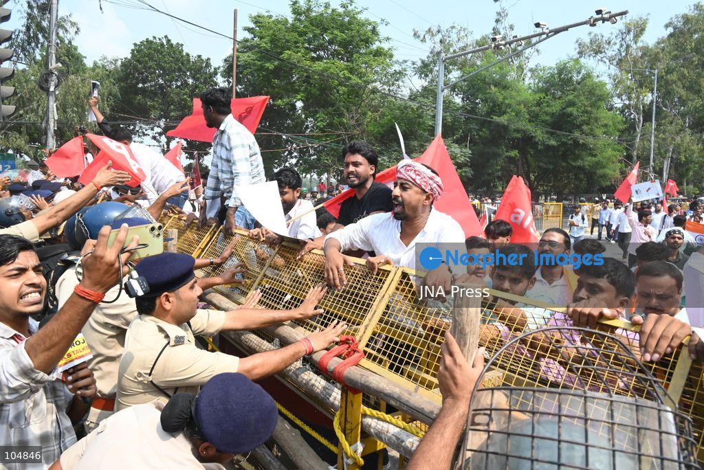 PATNA, INDIA, OCTOBER 13, 2026: Police detain students of the All India Students’ Association (AISA), who took out a protest march toward Lok Bhavan, formerly Raj Bhavan, at JP roundabout in Patna, demanding the resignation of Chief Election Commissioner Gyanesh Kumar and the cancellation or review of the Special Intensive Revision (SIR) of electoral rolls. Photo by Rahul Sharma / JNA Press (Photo by Rahul Sharma/JNA Press via Nexpher Images)