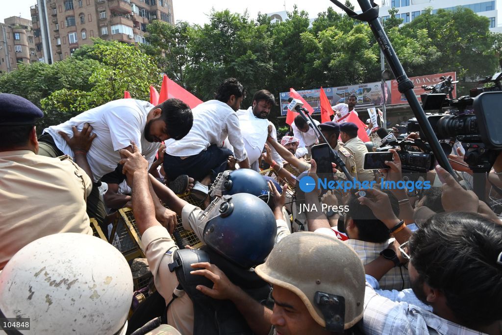 PATNA, INDIA, OCTOBER 13, 2026: Police detain students of the All India Students’ Association (AISA), who took out a protest march toward Lok Bhavan, formerly Raj Bhavan, at JP roundabout in Patna, demanding the resignation of Chief Election Commissioner Gyanesh Kumar and the cancellation or review of the Special Intensive Revision (SIR) of electoral rolls. Photo by Rahul Sharma / JNA Press (Photo by Rahul Sharma/JNA Press via Nexpher Images)