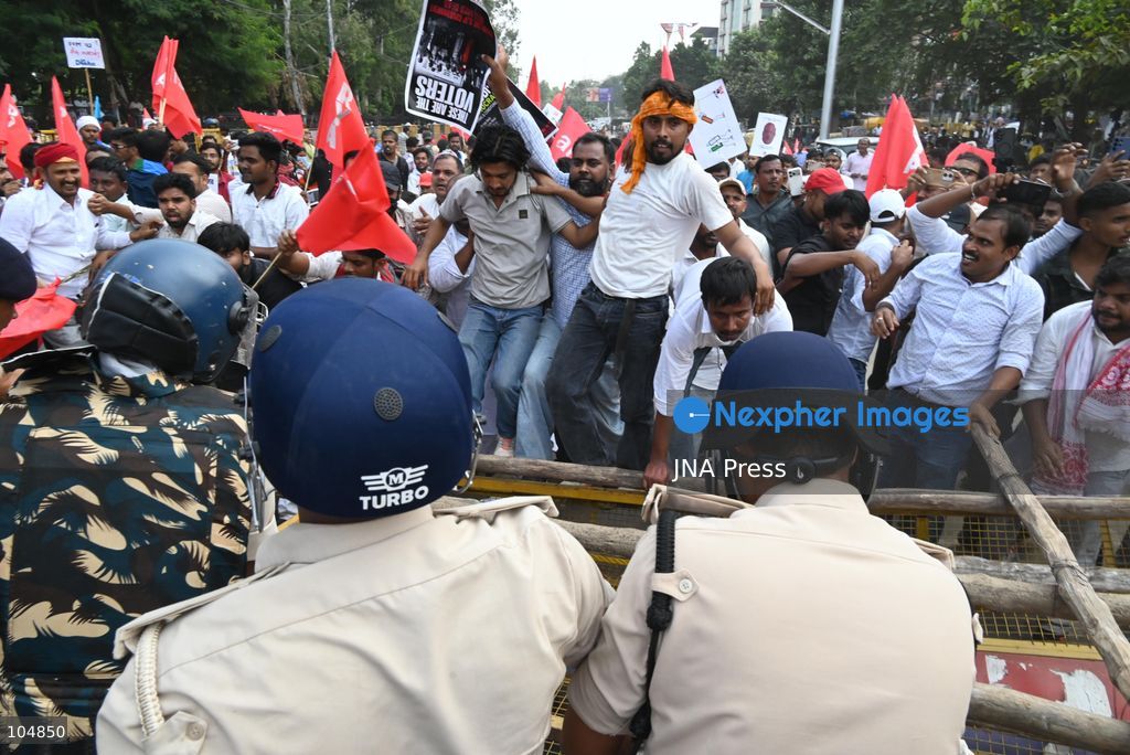 PATNA, INDIA, OCTOBER 13, 2026: Police detain students of the All India Students’ Association (AISA), who took out a protest march toward Lok Bhavan, formerly Raj Bhavan, at JP roundabout in Patna, demanding the resignation of Chief Election Commissioner Gyanesh Kumar and the cancellation or review of the Special Intensive Revision (SIR) of electoral rolls. Photo by Rahul Sharma / JNA Press (Photo by Rahul Sharma/JNA Press via Nexpher Images)