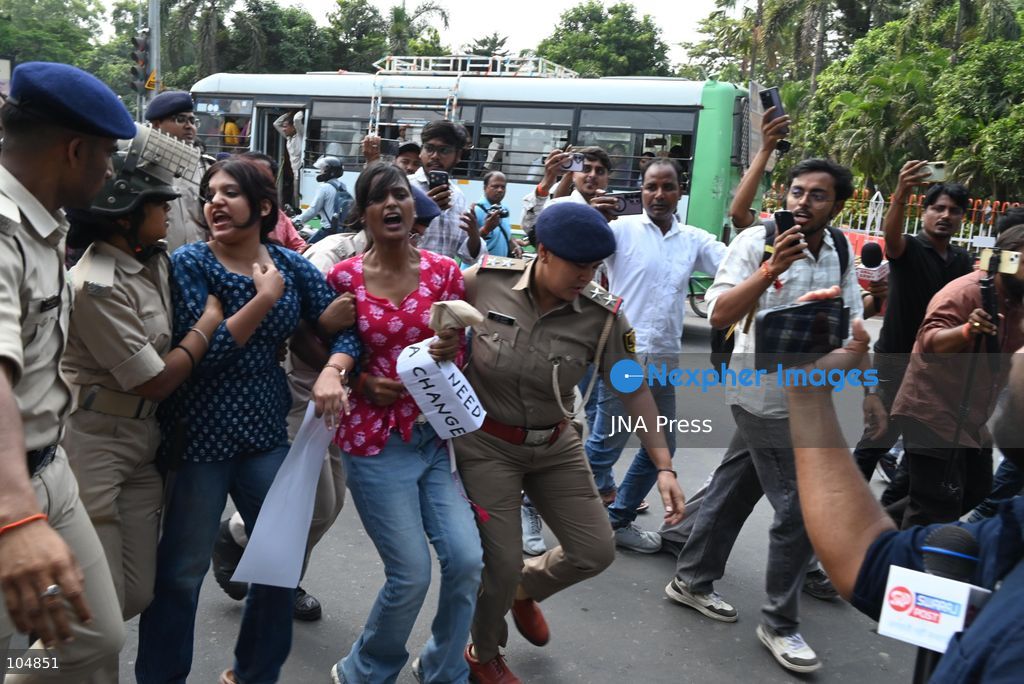 PATNA, INDIA, OCTOBER 13, 2026: Police detain students of the All India Students’ Association (AISA), who took out a protest march toward Lok Bhavan, formerly Raj Bhavan, at JP roundabout in Patna, demanding the resignation of Chief Election Commissioner Gyanesh Kumar and the cancellation or review of the Special Intensive Revision (SIR) of electoral rolls. Photo by Rahul Sharma / JNA Press (Photo by Rahul Sharma/JNA Press via Nexpher Images)