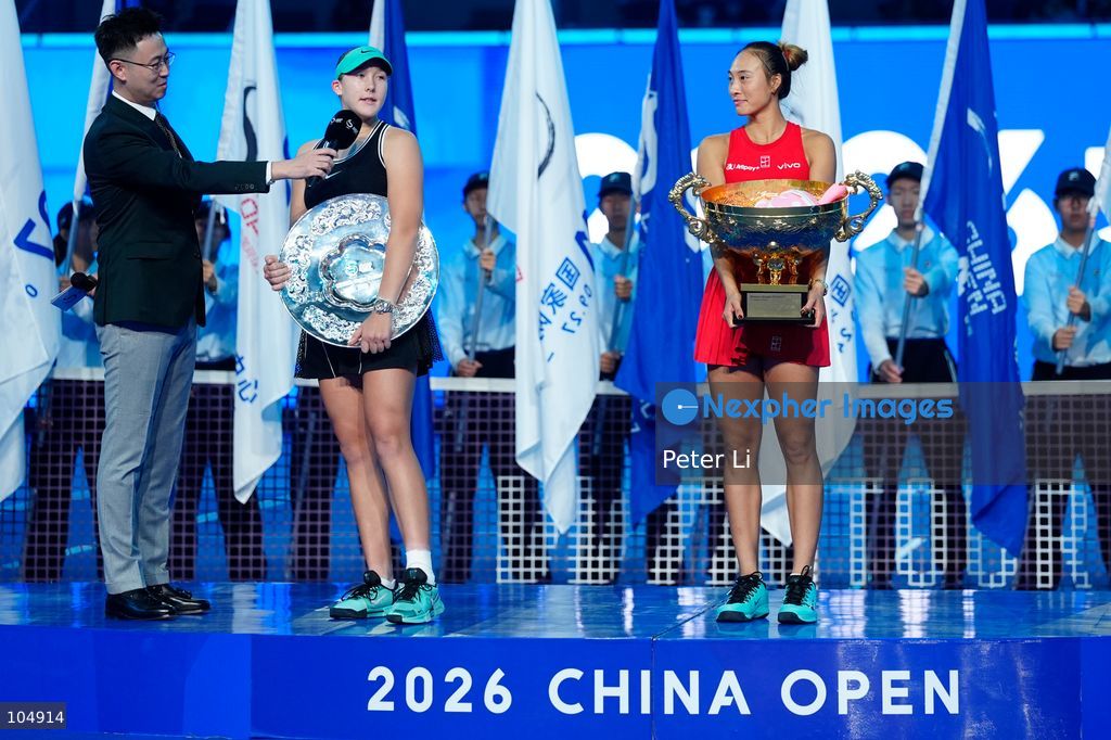 Zheng Qinwen of China defeated Mirra Andreeva 2-0 to claim the women's singles title at the 2026 China Open in Beijing on October 11, 2026. It was Zheng's first WTA 1000 title, making her the first home player to win the China Open women's singles. Zheng is pictured holding the trophy. (Photo by Peter Li/Nexpher Images)