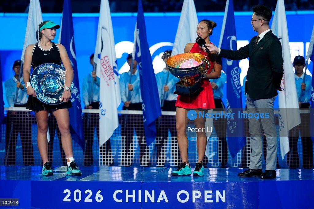 Zheng Qinwen of China defeated Mirra Andreeva 2-0 to claim the women's singles title at the 2026 China Open in Beijing on October 11, 2026. It was Zheng's first WTA 1000 title, making her the first home player to win the China Open women's singles. Zheng is pictured holding the trophy. (Photo by Peter Li/Nexpher Images)