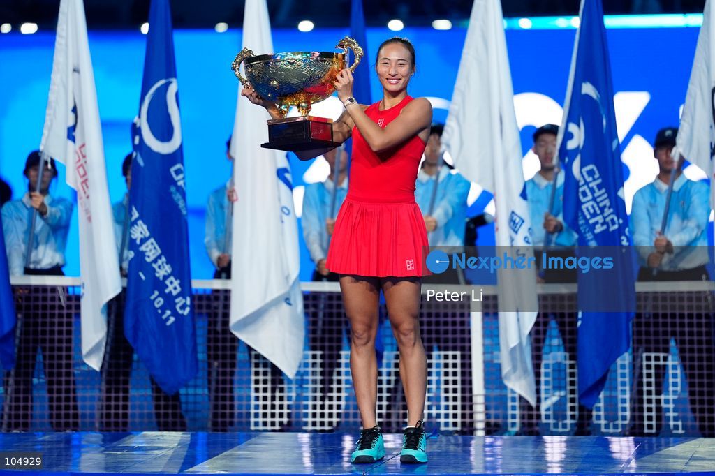 Zheng Qinwen of China defeated Mirra Andreeva 2-0 to claim the women's singles title at the 2026 China Open in Beijing on October 11, 2026. It was Zheng's first WTA 1000 title, making her the first home player to win the China Open women's singles. Zheng is pictured holding the trophy. (Photo by Peter Li/Nexpher Images)