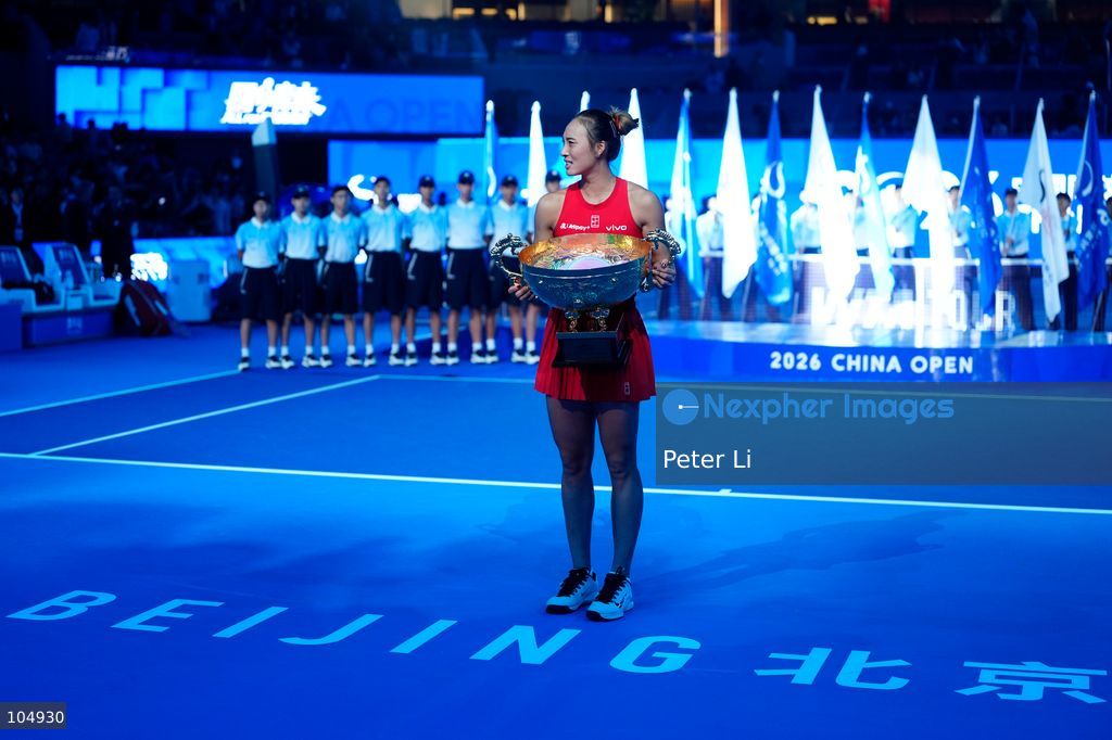 Zheng Qinwen of China defeated Mirra Andreeva 2-0 to claim the women's singles title at the 2026 China Open in Beijing on October 11, 2026. It was Zheng's first WTA 1000 title, making her the first home player to win the China Open women's singles. Zheng is pictured holding the trophy. (Photo by Peter Li/Nexpher Images)