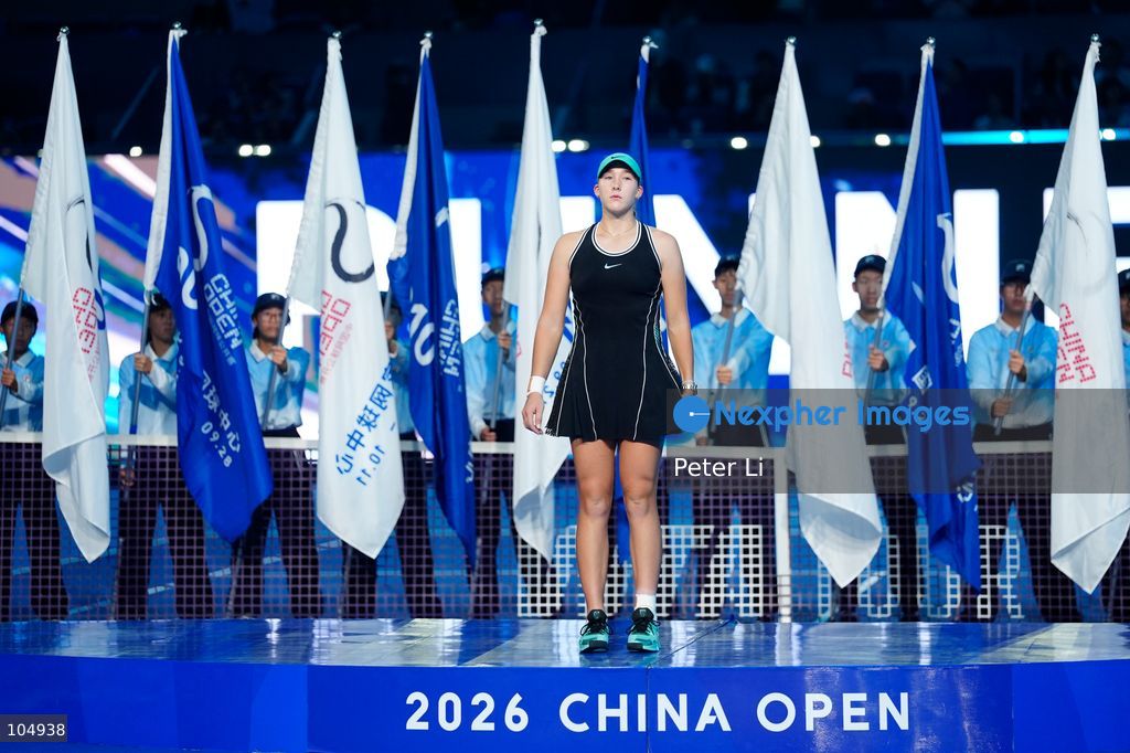 Qinwen Zheng of China,Chinese actor Jin Dong and Mirra Andreeva pose for a photograph before the Women's Singles final match on day eleven of China Open at the National Tennis Center on October 11, 2026 in Beijing, China. (Photo by Peter Li/Nexpher Images)