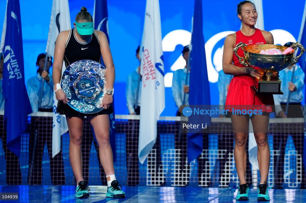 Qinwen Zheng of China,Chinese actor Jin Dong and Mirra Andreeva pose for a photograph before the Women's Singles final match on day eleven of China Open at the National Tennis Center on October 11, 2026 in Beijing, China. (Photo by Peter Li/Nexpher Images)
