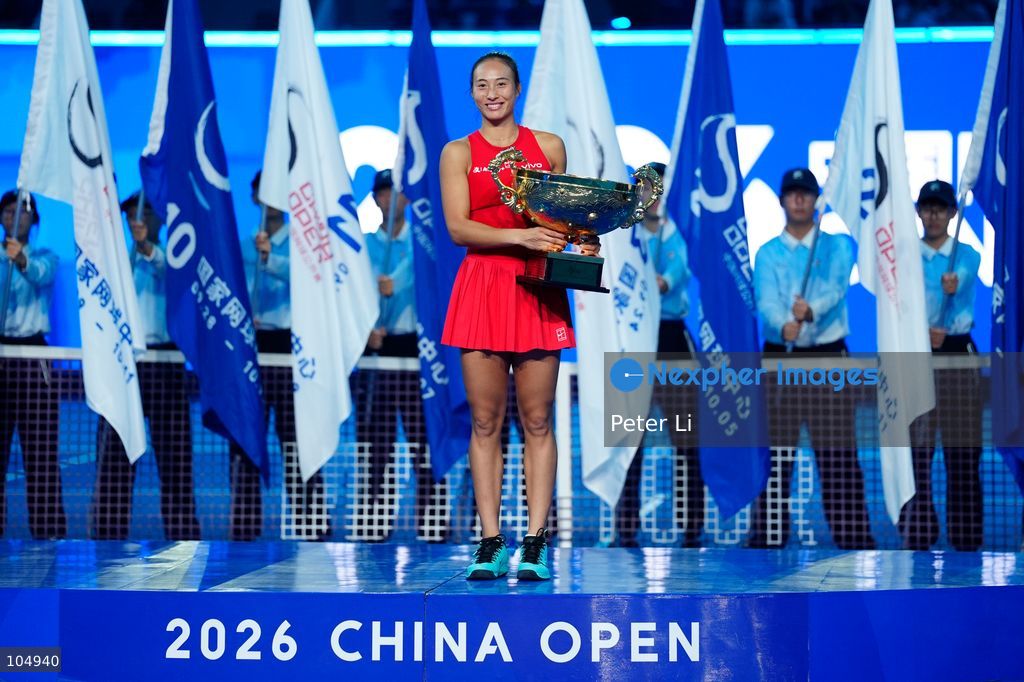 Qinwen Zheng of China,Chinese actor Jin Dong and Mirra Andreeva pose for a photograph before the Women's Singles final match on day eleven of China Open at the National Tennis Center on October 11, 2026 in Beijing, China. (Photo by Peter Li/Nexpher Images)