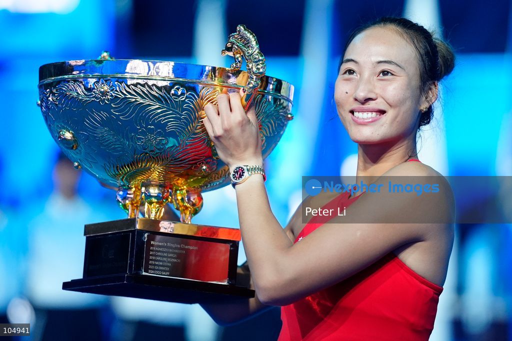 Zheng Qinwen of China defeated Mirra Andreeva 2-0 to claim the women's singles title at the 2026 China Open in Beijing on October 11, 2026. It was Zheng's first WTA 1000 title, making her the first home player to win the China Open women's singles. Zheng is pictured holding the trophy. (Photo by Peter Li/Nexpher Images)