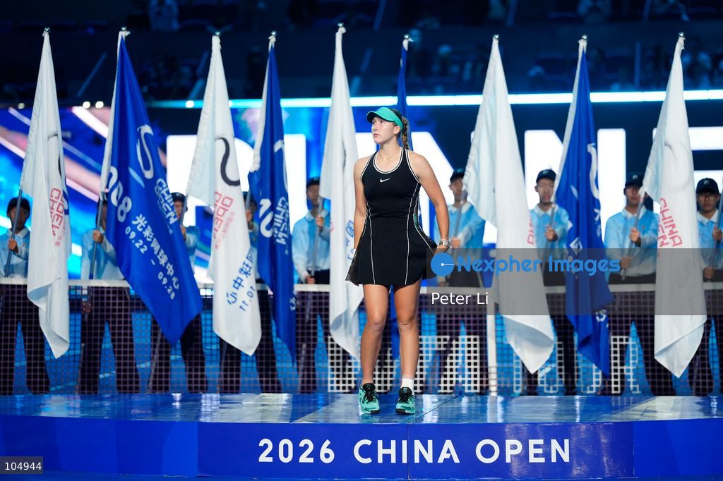 Qinwen Zheng of China,Chinese actor Jin Dong and Mirra Andreeva pose for a photograph before the Women's Singles final match on day eleven of China Open at the National Tennis Center on October 11, 2026 in Beijing, China. (Photo by Peter Li/Nexpher Images)