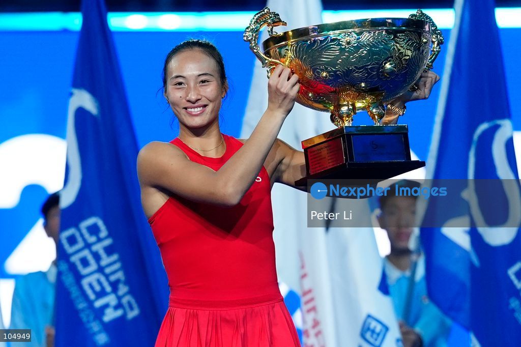 Qinwen Zheng of China,Chinese actor Jin Dong and Mirra Andreeva pose for a photograph before the Women's Singles final match on day eleven of China Open at the National Tennis Center on October 11, 2026 in Beijing, China. (Photo by Peter Li/Nexpher Images)