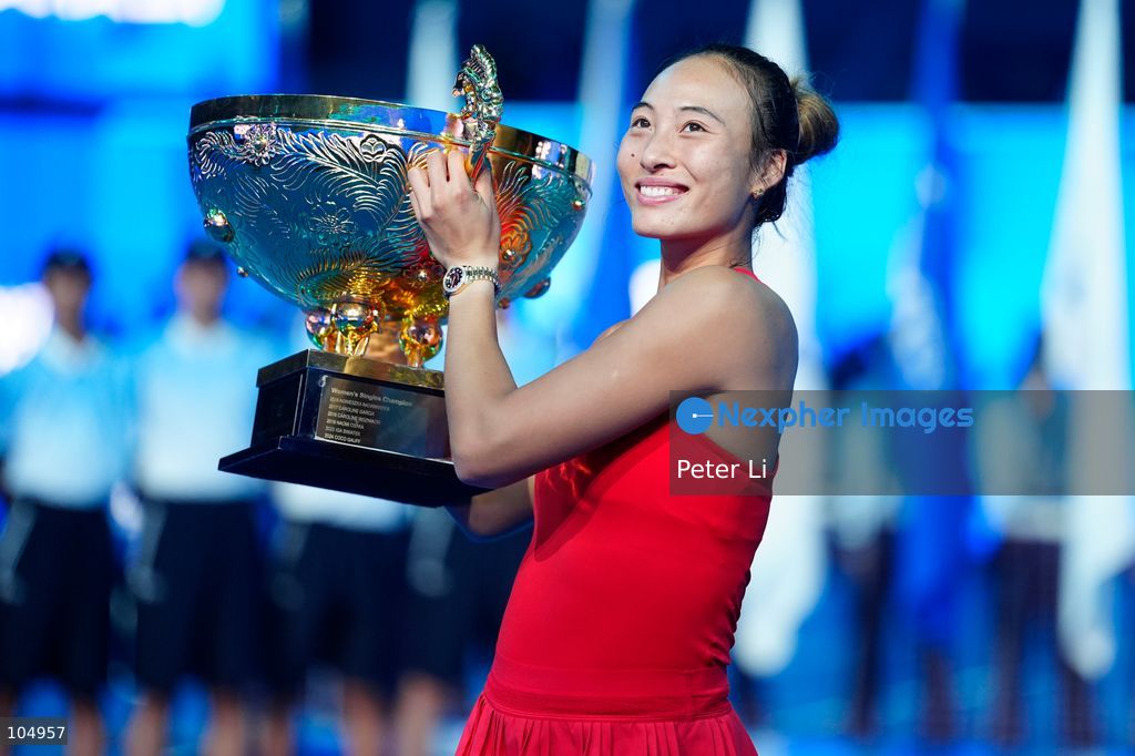 Qinwen Zheng of China,Chinese actor Jin Dong and Mirra Andreeva pose for a photograph before the Women's Singles final match on day eleven of China Open at the National Tennis Center on October 11, 2026 in Beijing, China. (Photo by Peter Li/Nexpher Images)