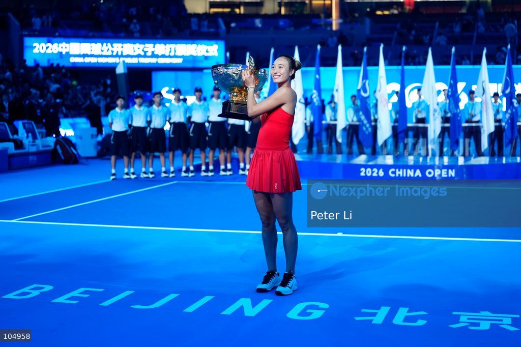 Qinwen Zheng of China,Chinese actor Jin Dong and Mirra Andreeva pose for a photograph before the Women's Singles final match on day eleven of China Open at the National Tennis Center on October 11, 2026 in Beijing, China. (Photo by Peter Li/Nexpher Images)