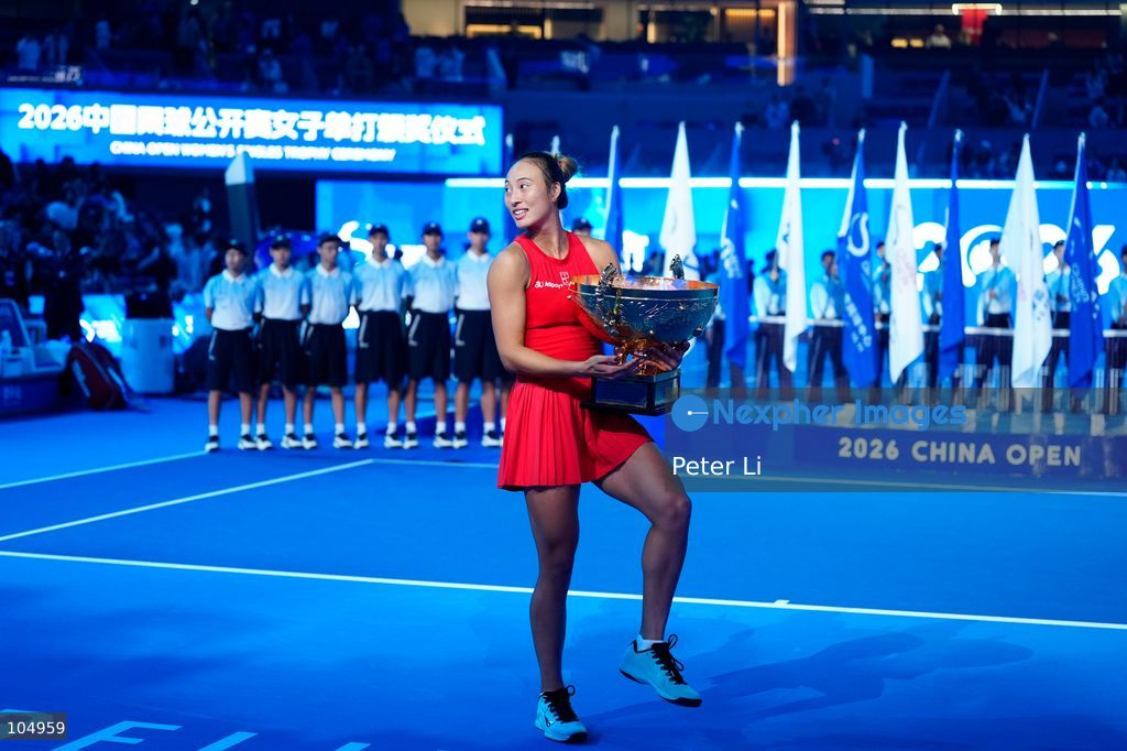 Qinwen Zheng of China,Chinese actor Jin Dong and Mirra Andreeva pose for a photograph before the Women's Singles final match on day eleven of China Open at the National Tennis Center on October 11, 2026 in Beijing, China. (Photo by Peter Li/Nexpher Images)
