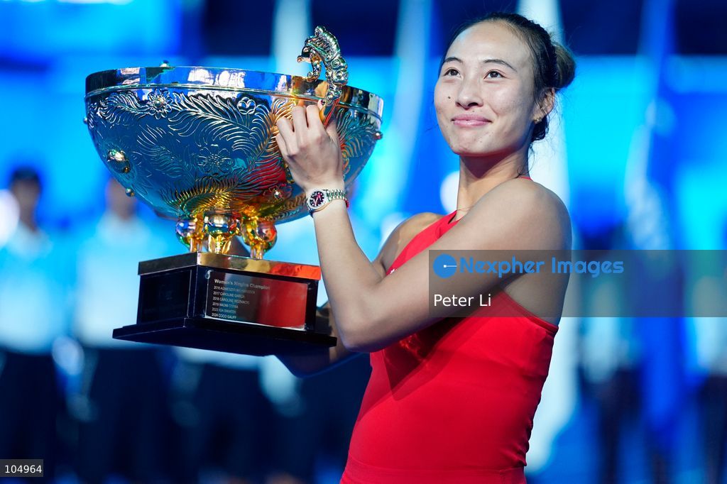 Qinwen Zheng of China,Chinese actor Jin Dong and Mirra Andreeva pose for a photograph before the Women's Singles final match on day eleven of China Open at the National Tennis Center on October 11, 2026 in Beijing, China. (Photo by Peter Li/Nexpher Images)