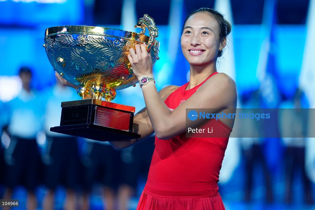 Qinwen Zheng of China,Chinese actor Jin Dong and Mirra Andreeva pose for a photograph before the Women's Singles final match on day eleven of China Open at the National Tennis Center on October 11, 2026 in Beijing, China. (Photo by Peter Li/Nexpher Images)